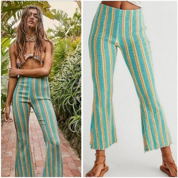 Free People Women’s Fine Line Slim Pants Aqua Orange Yellow Stripe XS - Picture 1 of 15